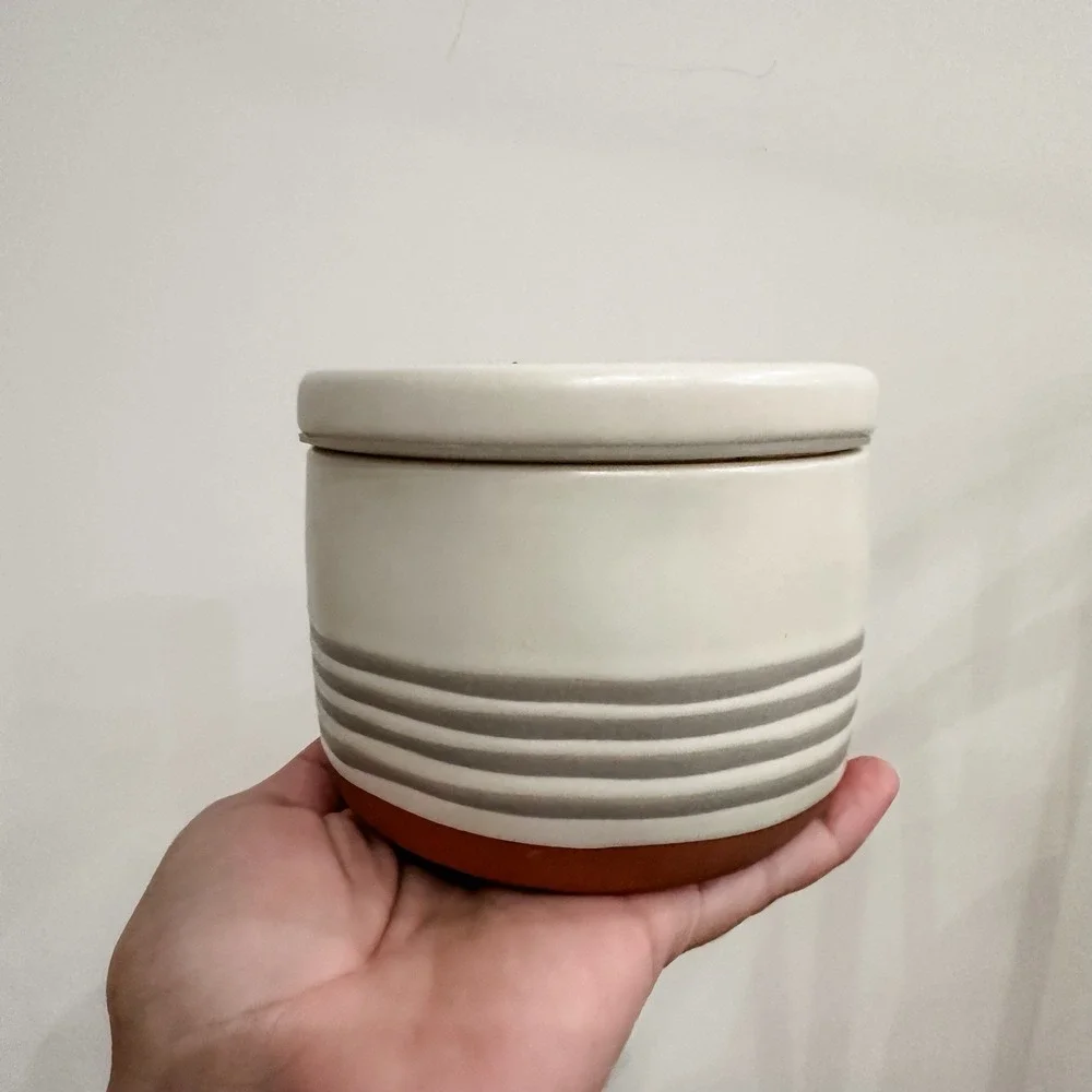 Hearth & Hand‎ Magnolia Stoneware 3 Crocks Cream & Gray Stripes w/ Lids Lg Md Sm